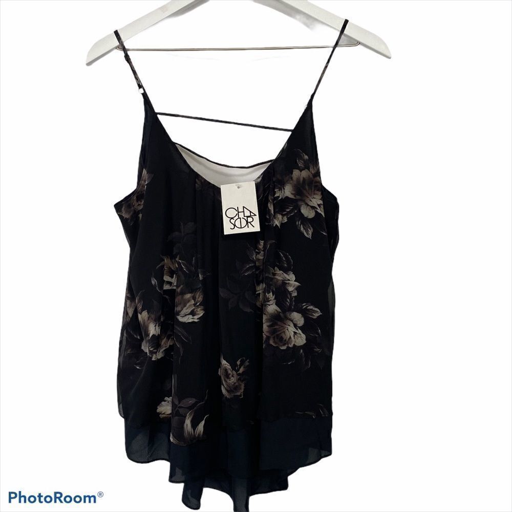 NWT Chaser Floral Cami Tank Top size Small Strap Back Hi Lo Black Shell Blouse